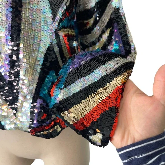 Vintage Multicolored Geometric Print Sequin Long Sleeve Blouse Peony and Phoenix - Picture 2 of 10